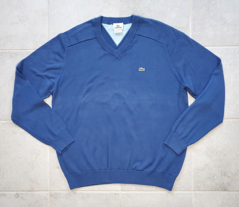 Lacoste Men's Size 6 XL V-Neck Cotton Sweater Pullover Navy Blue Long Sleeve